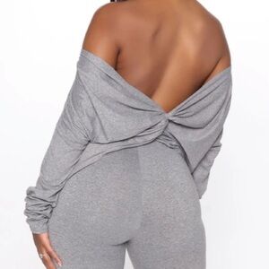 Fashion Nova Don’t Get This Twisted Twist Back Off Shoulder Long Sleeve Top Gray